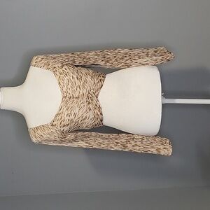 Japna Long Sleeve Animal Print Smocked Back Full Pleated Sleeves Crop Top - Sz S